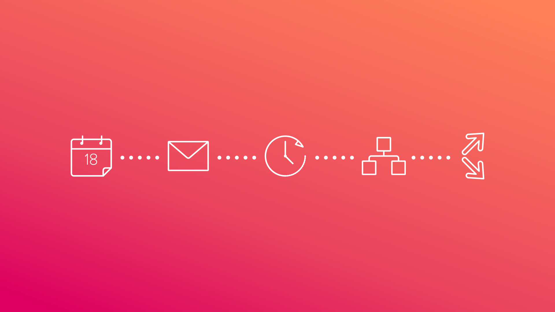 Icons in a horizontal row representing steps of marketing automation workflow: calendar, email, clock, logic flow, and diverging arrows.