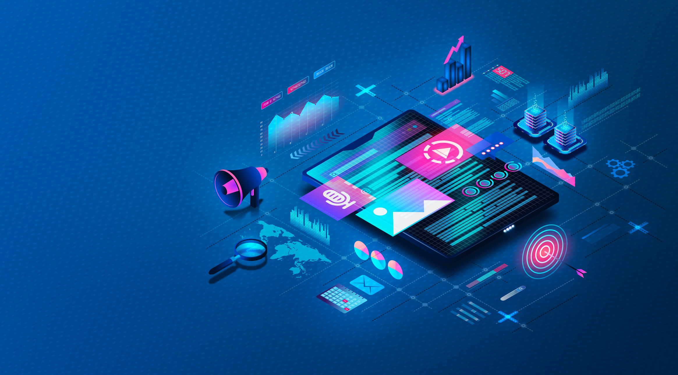 3D illustration of a tablet surrounded by the features of a healthcare DXP, including data analytics and content.