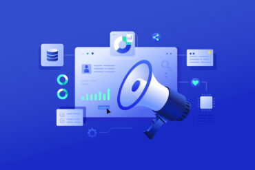 Illustrated digital advertising icons including pie charts and a megaphone